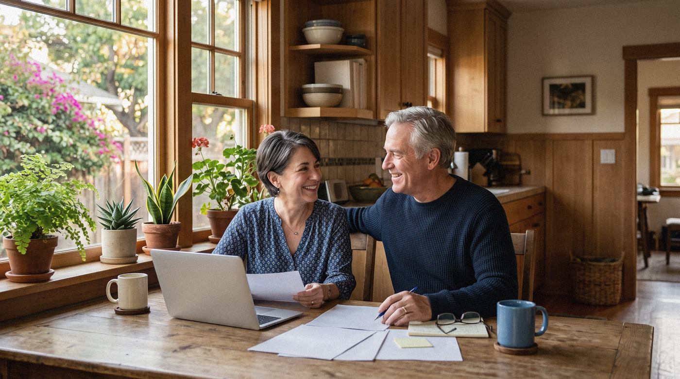 A smiling couple at their kitchen table reviewing paperwork on a laptop