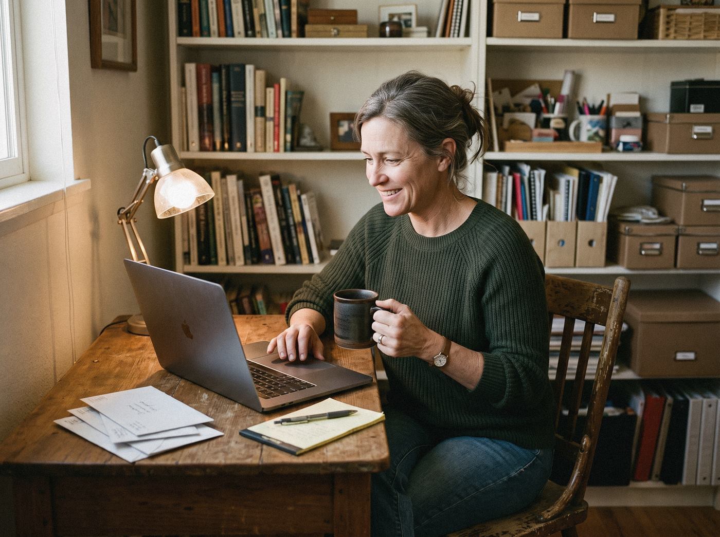 A woman with a cup of coffee reviewing her mortgage options on a laptop at home