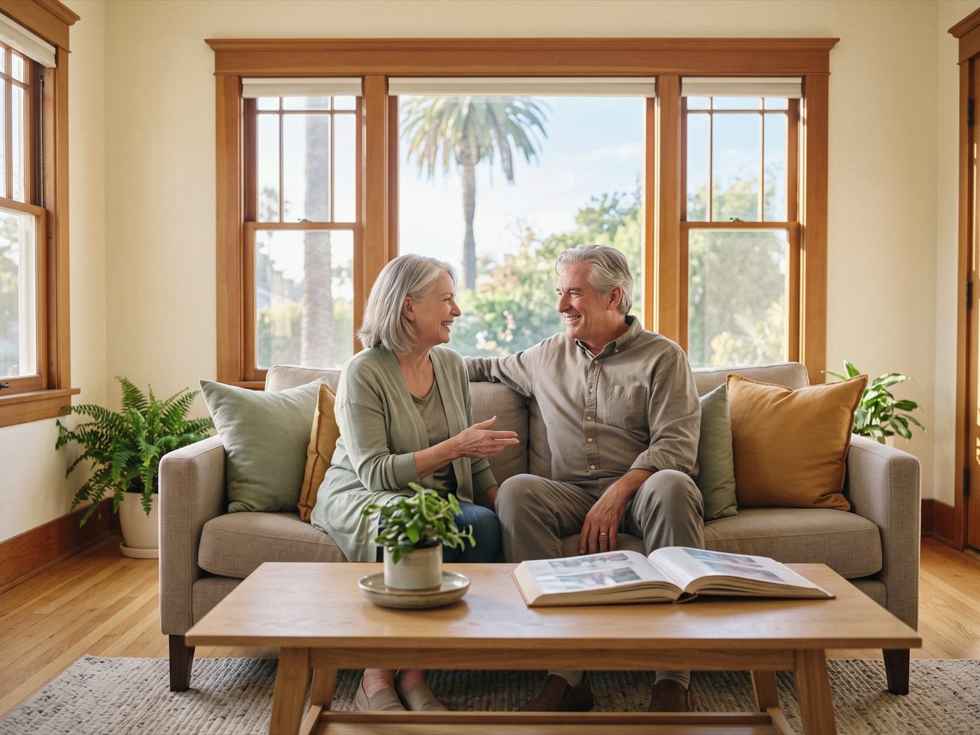 An older couple laughing together on the sofa in a sunny living room with palm trees outside the window