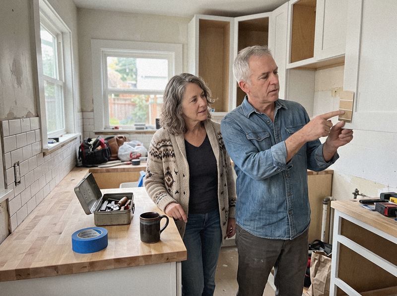 A homeowner couple checking paint colors on new cabinets during a kitchen remodel