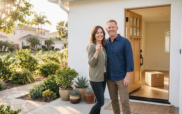 A smiling couple holding up a house key outside the open front door of their new Southern California home