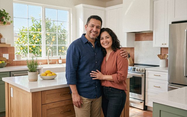 A smiling couple standing together in their newly remodeled kitchen with a lemon tree outside the window