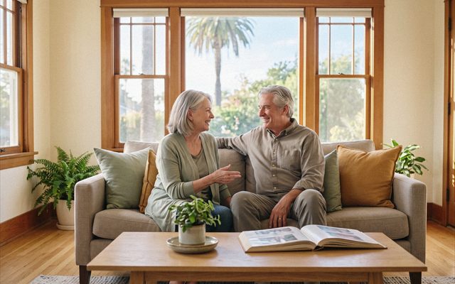 An older couple laughing together on the sofa in a sunny living room with palm trees outside the window